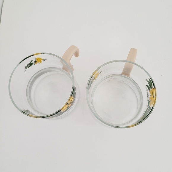 Vintage Coffee Cup Glasses w/ Plastic Handle Yellow flowers Set of 2 Floral Mugs - Picture 4 of 7